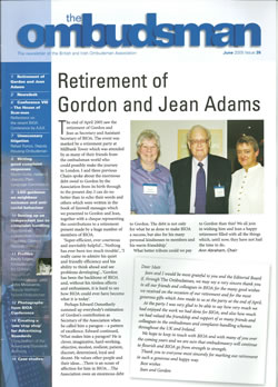 Gordon and Jean Adams retire - cover of Ombudsman